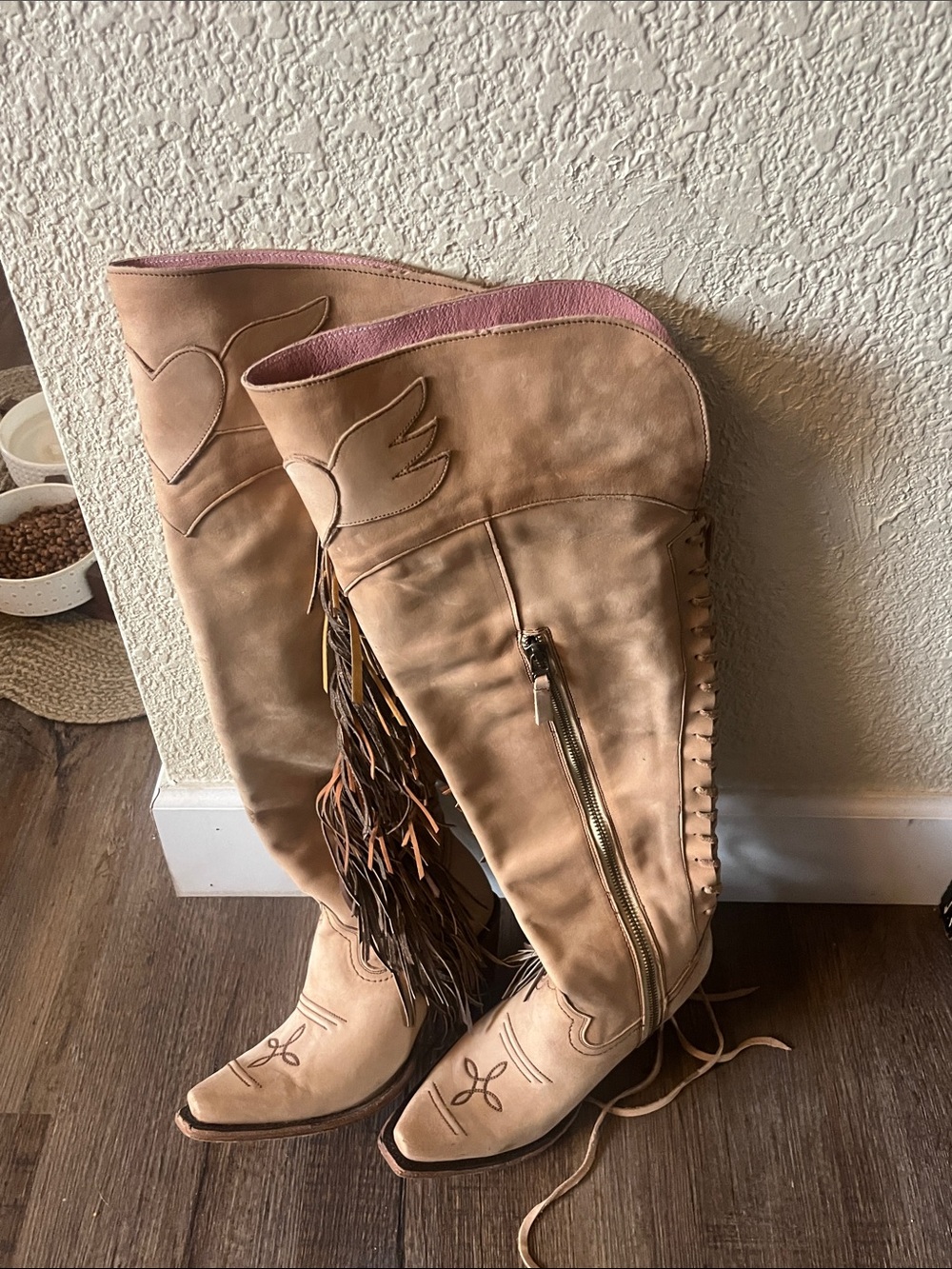 Fringed Over-the-Knee Boots in Tan